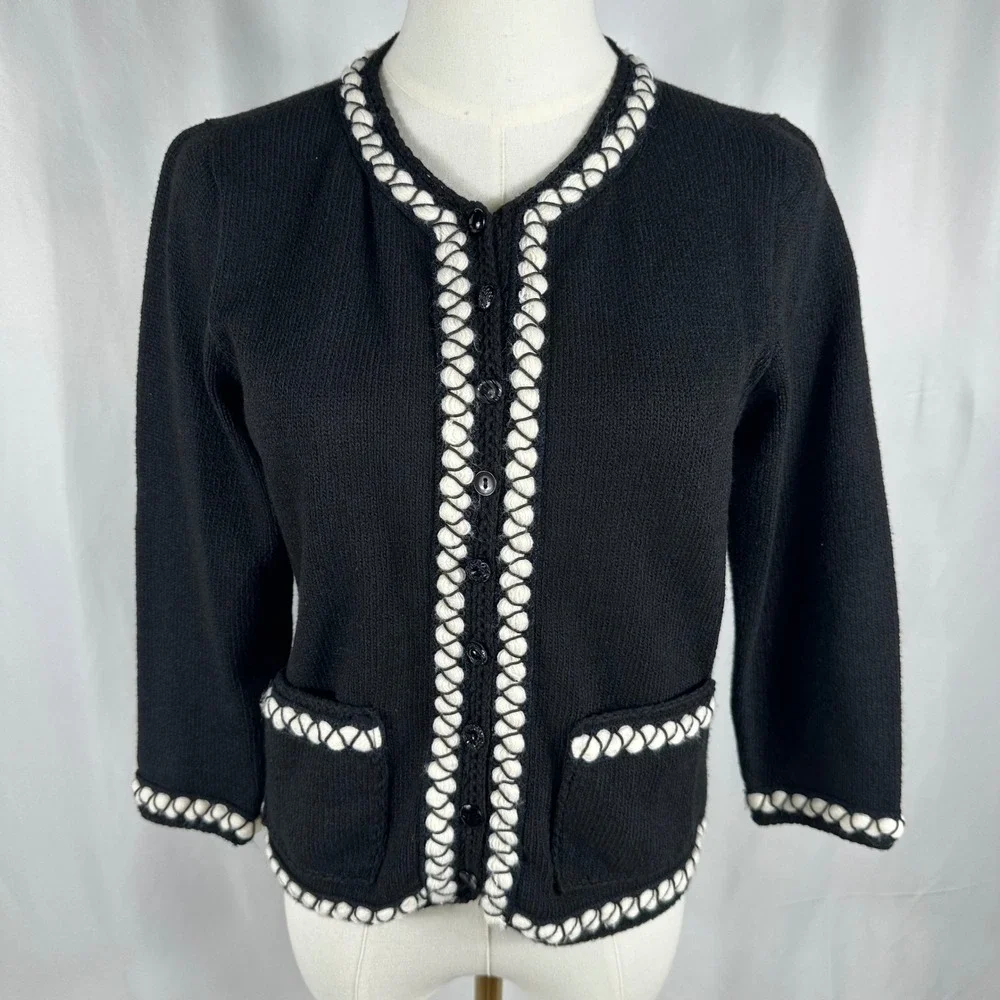 Vintage Elario Cardigan Womens S Black Braided Trim Knit Button Down USA READ